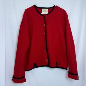 Vintage Women's Tally-Ho 100% Wool Button Down Cardigan Red‎ Black Trim Size 16
